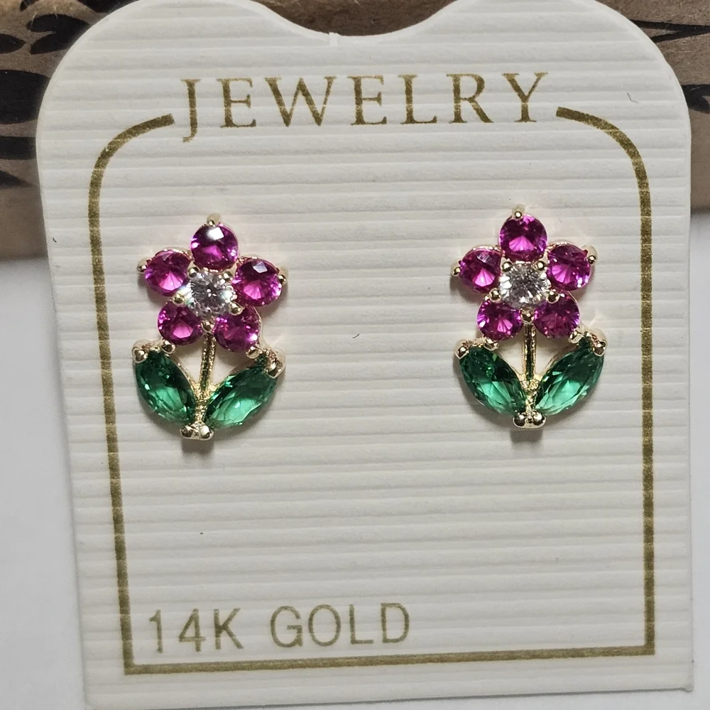 14KT Italian Gold Pink and Green Flower CZ Stud Screw Back Earrings